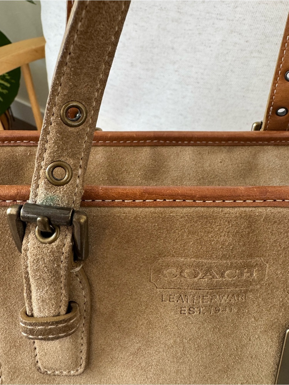 Vintage Coach Y2K Tan Brown Suede Leather Trim Tote Shoulder Bag Purse #F10410 - Picture 13 of 17